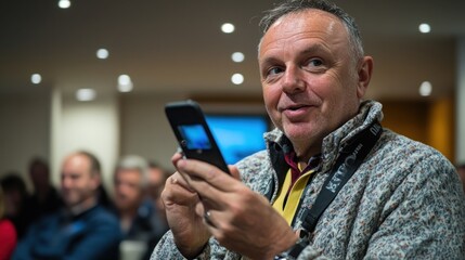 A middle-aged man in a casual sweater checks his smartphone while sitting in a conference hall.