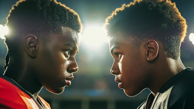 Two young black male football players face each other under stadium lights, showcasing concentration and rivalry. Wearing sports jerseys, they embody determination and competitive spirit, ready for