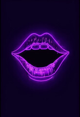 "Create an art piece featuring a striking purple neon mouth against a deep black background. The design should evoke a theatrical ambiance, with the mouth appearing illuminated and vibrant, almost glo