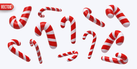 Collection Christmas candy canes in various shapes. Xmas sweets. Set red white striped candy canes in various dynamic positions, realistic 3d design isolated on light background. vector illustration