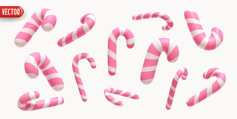 Collection Christmas candy canes in various shapes. Xmas sweets. Set pink white striped candy canes in various dynamic positions, realistic 3d design isolated on light background. vector illustration