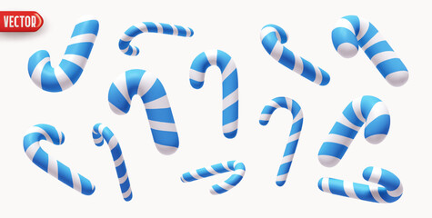 Collection Christmas candy canes in various shapes. Xmas sweets. Set blue white striped candy canes in various dynamic positions, realistic 3d design isolated on light background. vector illustration