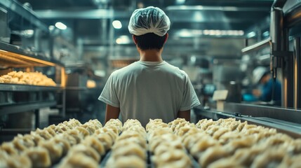 Factory Worker in Dumpling Production Line
