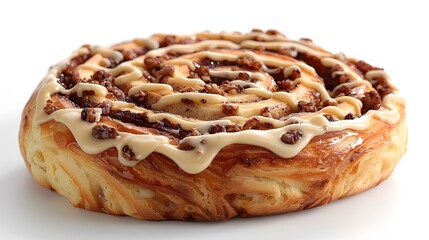 Cinnamon roll with frosting isolated on a white background. Studio shot of a delicious pastry for bakery, banners, and marketing material. Sweet dessert concept with texture and copy space.