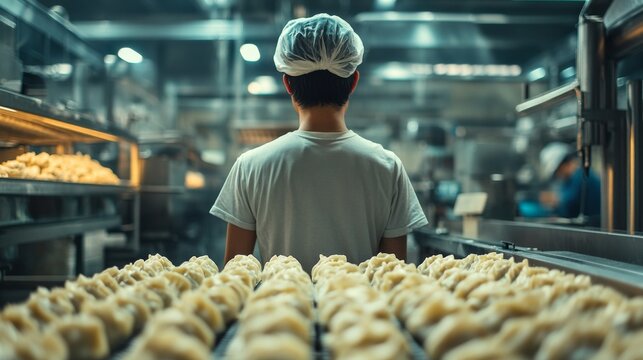 Factory Worker in Dumpling Production Line