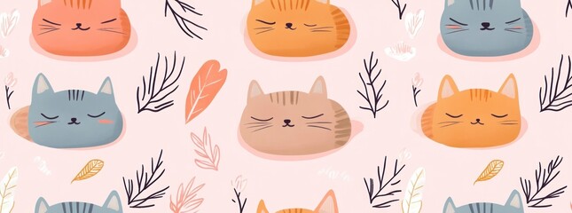 Seamless pattern of cute cartoon cats sleeping with leaves on pink background.
