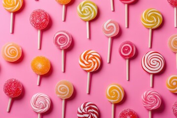 Lollipops and candies arranged in a food pattern, top view