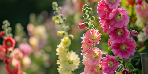 Fototapeta premium Tall Colorful Hollyhocks Alcea Rosea Blooming During Summer Season