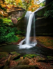 Fototapeta premium Hocking Hills State Park waterfall surrounded by lush green vegetation and fall