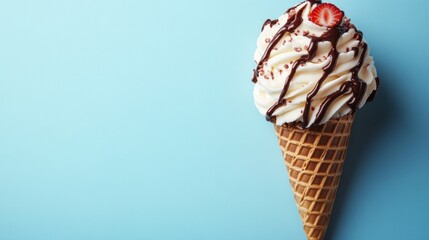 Ice Cream Cone with Chocolate Syrup and Strawberry