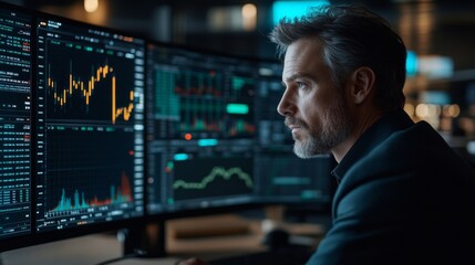 Stock trader analyzing financial data on multiple screens