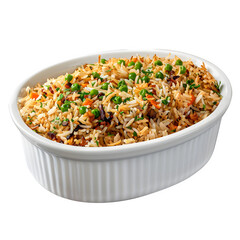 Tasty vegetable fried rice served in a white ceramic dish, featuring colorful vegetables and perfectly cooked rice grains