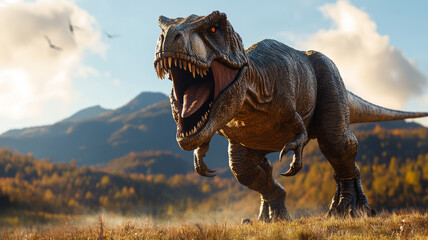 Fototapeta premium A giant Tyrannosaurus Rex dinosaur in a misty forest, an open mouth with sharp teeth, a prehistoric landscape, rocks and tall grass on the ground.