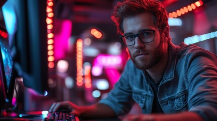 Fototapeta premium Man Working in Cyberpunk Gaming Setup
