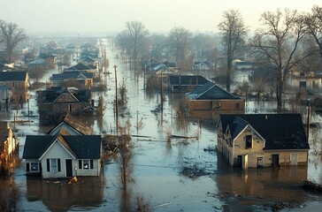 Aerial view of New Orleans flooded after Hurricane Katrina in 2005, showcasing devastation and submerged homes amidst dark water
