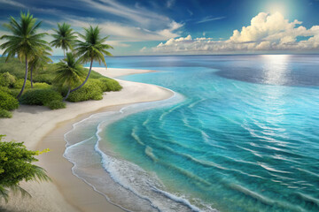 Serene tropical beach with vibrant blue waters and lush palm trees at sunrise creating a peaceful coastal escape. Generative AI