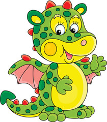 Happy little toy dragon friendly smiling and waving in greeting, vector cartoon illustration on a white background