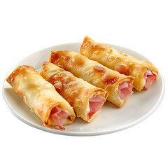 Yummy crunchy ham and cheese spring rolls displayed on a clean white plate, set against a see-through background, ideal for showcasing food in ads and cooking demos