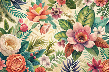 A vibrant arrangement of tropical flowers and lush green leaves creates a stunning natural tapestry reflecting summer's beauty. Generative AI