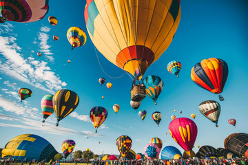 Large group of hot air balloons are flying in the sky. The sky is filled with many different colored balloons, and the sun is setting in the background. The scene is lively and colorful