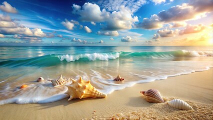 Beautiful Tropical Beach with Sea Shells, Golden Sand and Crystal Clear Ocean Water, A Serene Coastal Paradise Perfect for Digital Graphic Design Projects and Backgrounds
