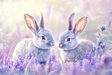 Fototapeta premium Two White Rabbits Looking at Each Other in a Field of Purple Flowers