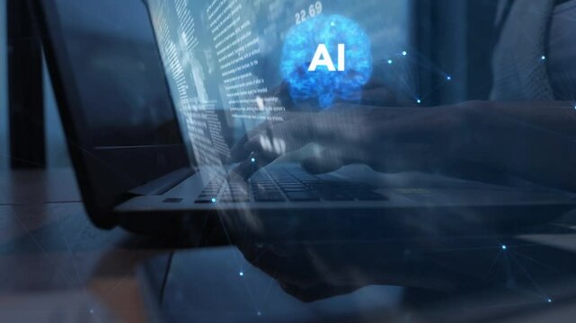 businesswoman uses brain AI artificial intelligence brain on big data matrix Animation Big Data Processing, Science, Generative technology, commands, prompts, learning