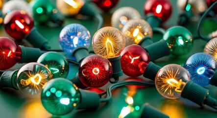 Detailed, vibrant and sharp macro close-up of a variety of colorful Christmas lights, each with intricate filaments and delicate glass bulbs