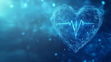 A blue background with a cross, symbolizing healthcare, features a heart with a heartbeat icon. It represents health insurance and medical services.