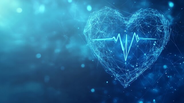 A blue background with a cross, symbolizing healthcare, features a heart with a heartbeat icon. It represents health insurance and medical services.