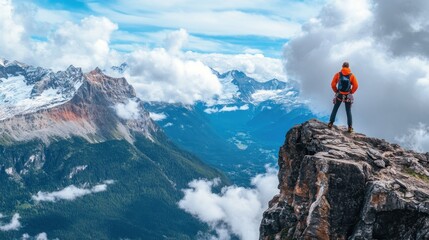 A hiker stands on the edge of a cliff overlooking a valley, with mountains in the distance.
