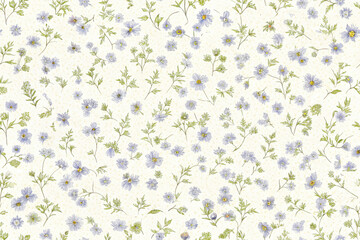 Delicate blue wildflowers bloom gently across a textured cream background, capturing the essence of springtime beauty and tranquility. Generative AI