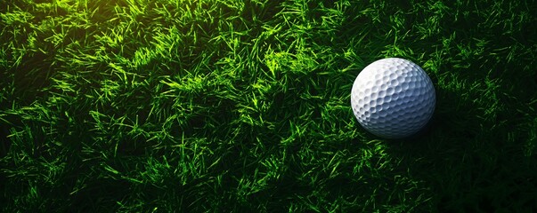 A close-up of a white golf ball resting on lush green grass, illuminated by soft sunlight, capturing a serene moment on a golf course.