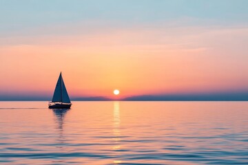 Sailboat on Calm Water at Sunset with a Pink and Blue Sky