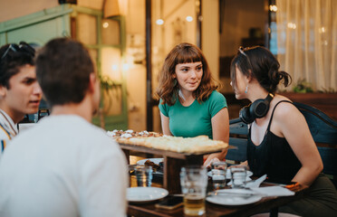 A group of young friends sharing a meal and conversation in a warm, inviting restaurant setting. The atmosphere is relaxed and enjoyable, emphasizing friendship and good times.