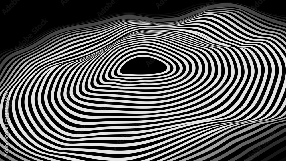 Poster Psychedelic Warped Lines Optical Illusion Texture. Abstract Geometric Background Vector Design. Black and White Modern Pattern Op Art Illustration.