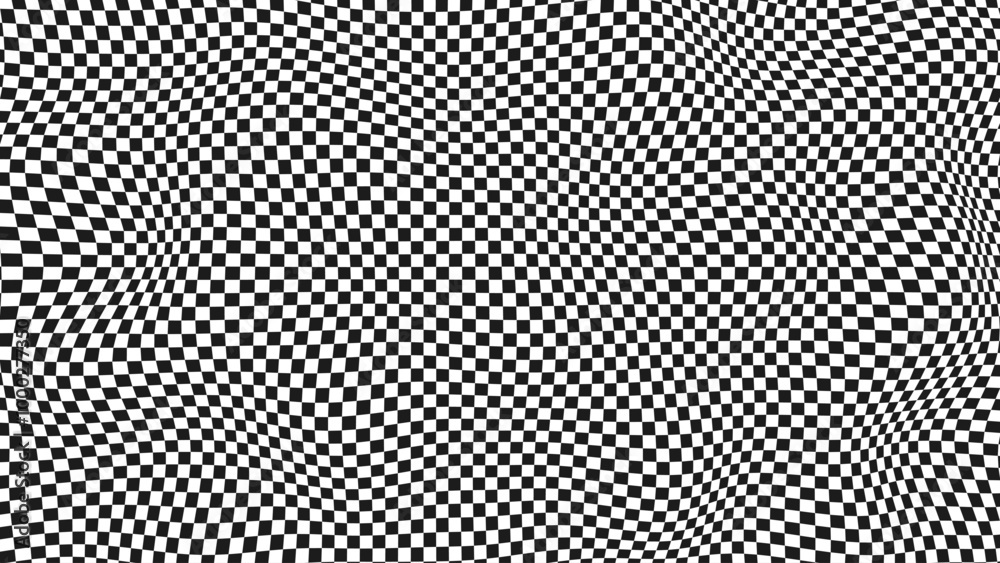 Poster Waved Checkered Pattern Background Y2k Style. Warped Texture With Black And White Squares. Warped Chessboard. Race Flag. Textile Plaid. Vector Illustration.