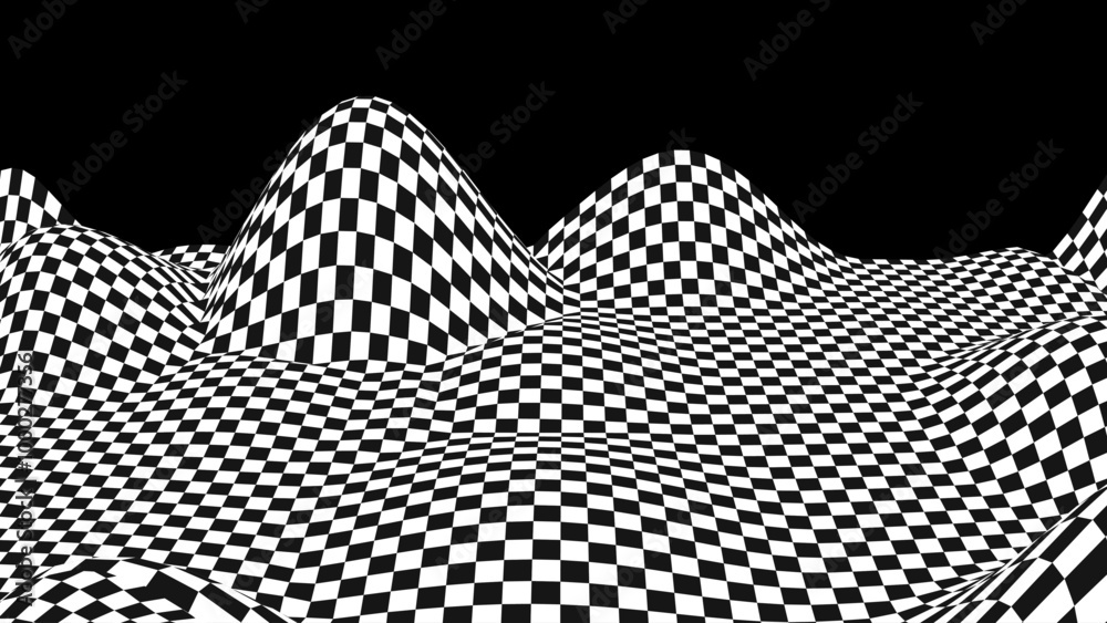 Poster Waved Checkered Pattern Background Y2k Style. Warped Texture With Black And White Squares. Warped Chessboard. Race Flag. Textile Plaid. Vector Illustration.