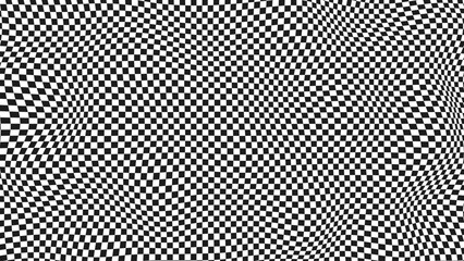Waved Checkered Pattern Background Y2k Style. Warped Texture With Black And White Squares. Warped Chessboard. Race Flag. Textile Plaid. Vector Illustration.
