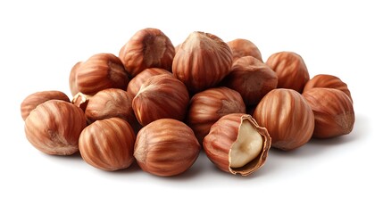 Fototapeta premium A pile of whole hazelnuts with one cracked open, revealing the kernel inside.