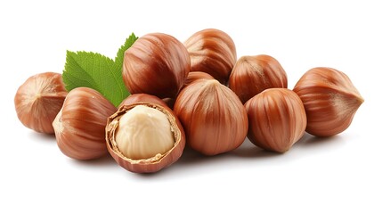 Fototapeta premium A pile of hazelnuts with one opened, revealing the white kernel inside, and a few green leaves.