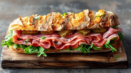 Gourmet ham sandwich with crispy baguette, arugula, and pickles. Close-up shot of fresh ingredients on rustic bread. Ideal for restaurant menus, food marketing, or deli promotions. Sandwich concept.