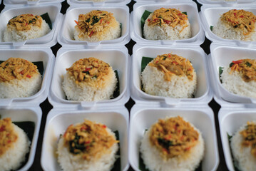 Boxed rice. Rows of packaged rice boxes, spicy seasoned shredded chicken.