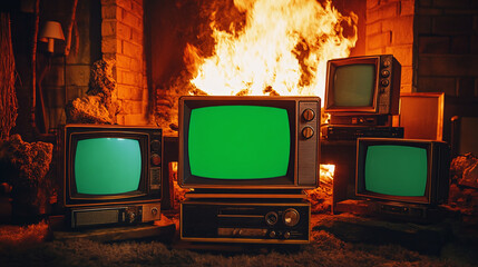 stack of old classic televisions in front of a fire, burned location after the war, cinematic composition media scene ruined panorama abandoned stacks of TVs monitors tv 3d realistic style panorama