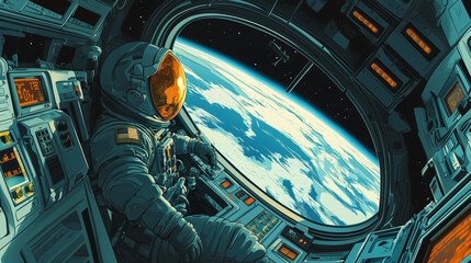 Astronaut inside spaceship cabin looking out the window at Earth