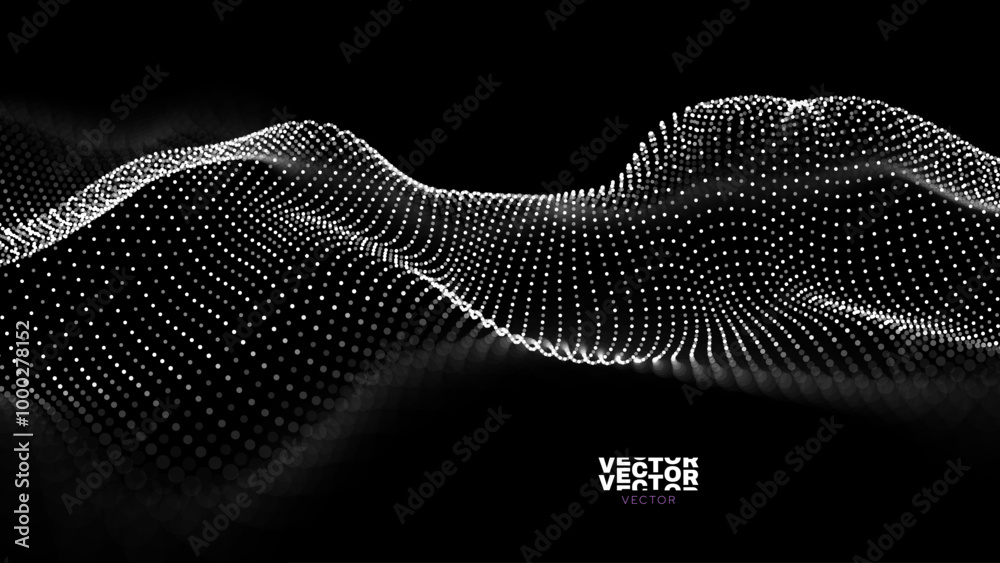 Aufkleber Sound Wave Particles. Music Data Visualization. Dynamic Circles Dots Particles Ultrawide Party Background. Vector Illustration. Digital Sound Equalizer.