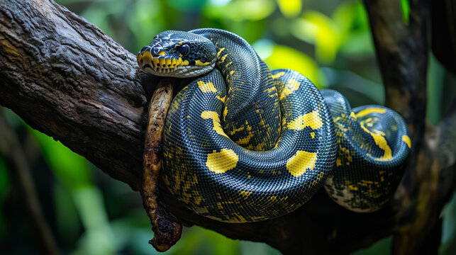 Black and yellow python coiled on a tree branch in jungle
