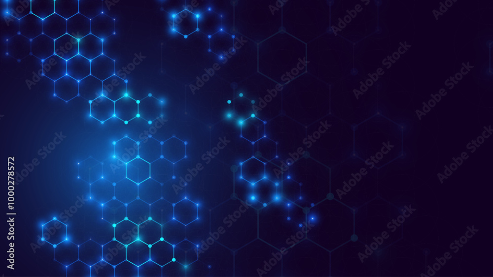 Poster abstract digital blue hexagons pattern business or science research background. medical or tech inno