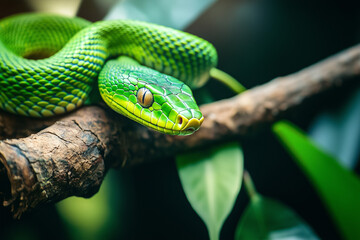 Fototapeta premium Bright Green Snake Coiled on Tree Branch in Tropical Forest