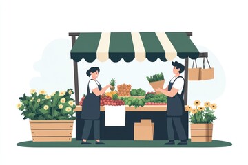 Two People Selling Fresh Produce at a Market Stall